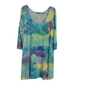 Tori Richard Shift Dress XL Blue Green Leaf Resortwear Tropical Hawaiian Stretch
